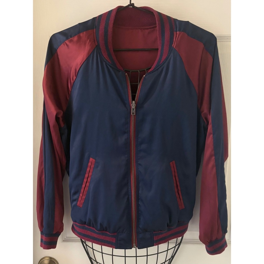 Hollister Men M Reversible Satin Bomber Jacket Burgundy Navy Blue Zip
